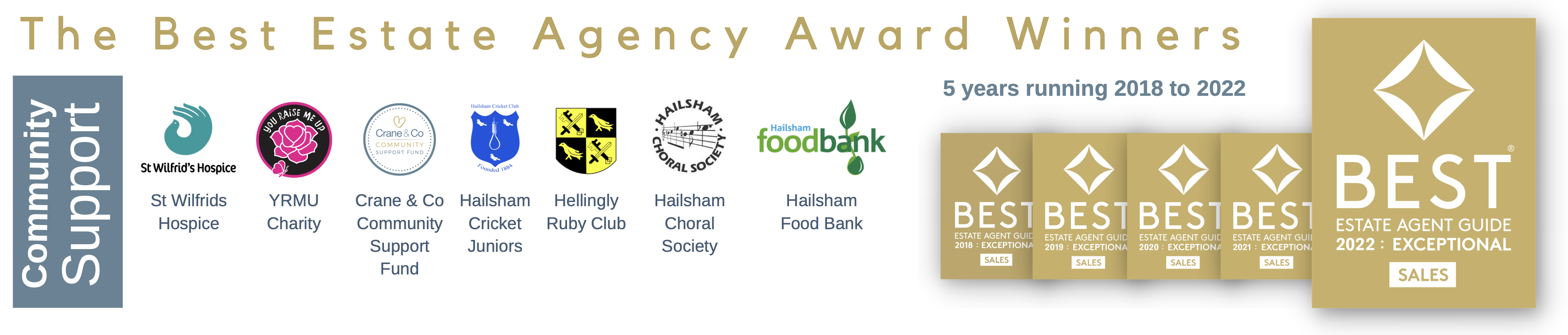 community support image with logos of organisations supported including hailsham cricket club, st wilfrid's hospice, yrmu charity, hellingly rugby club, hailsham choral society and hailsham foodbank